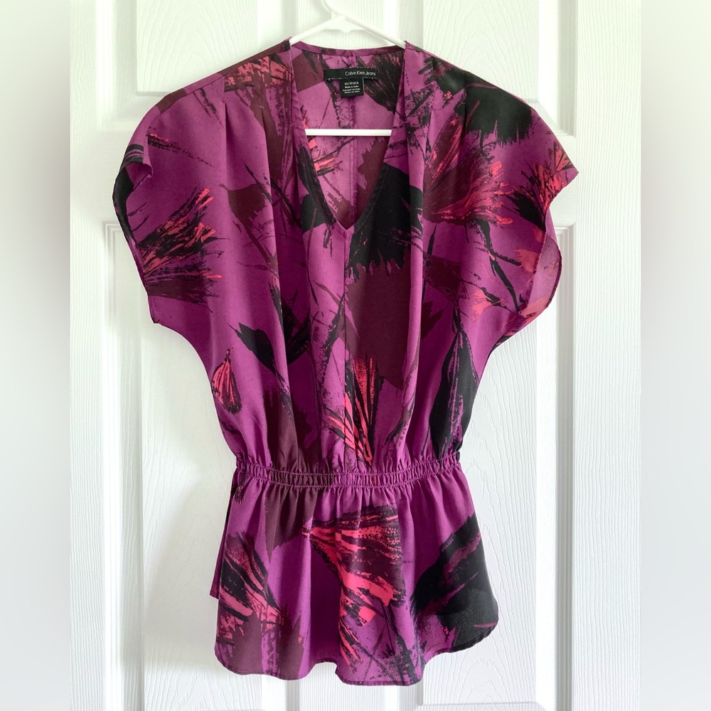 Calvin Klein purple, deep coral, and black abstract print blouse